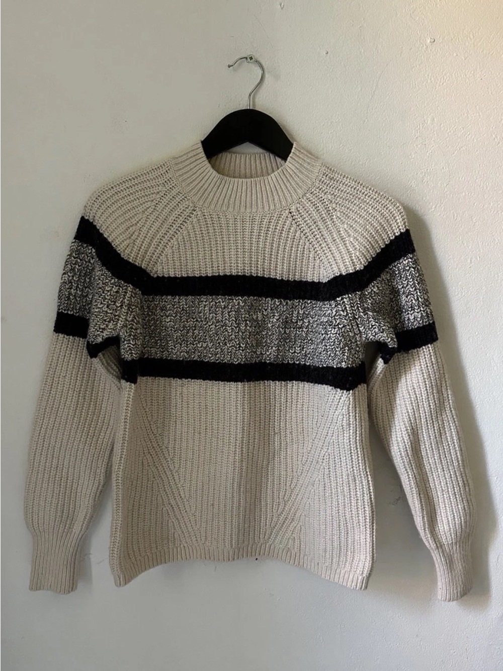 REISS Womens Small Chunky Knit Mock Neck Sweater Cream Black Striped Pullover
